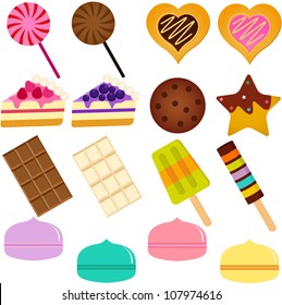 Vector of Sweet Cake, mint candy, heart shaped cookies, Cheesecake, chocolate, icecream and pastel Macaron.  A set of cute and colorful icon collection isolated on white background