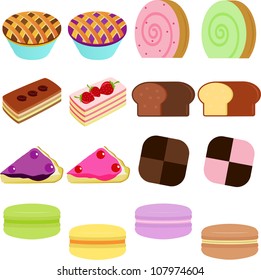 Vector de pastelería dulce, torta suiza, piña, arándano azul, pan, galletas y Macaron pastel. Un conjunto de adorables y coloridas colecciones de iconos aislados en fondo blanco