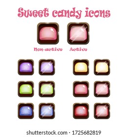Vector sweet candy icons set. Active and inactive buttons. Cartoon style  match-3 game 