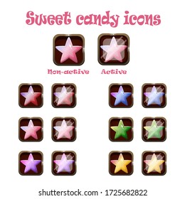 Vector sweet candy icons set. Active and inactive buttons. Cartoon style  match-3 game 