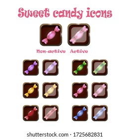Vector sweet candy icons set. Active and inactive buttons. Cartoon style  match-3 game 