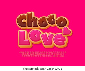 Vector sweet card Choco Love with decorative Heart. Pink glazed Font. Funny style set of tasty Alphabet Letters, Numbers and Symbols set