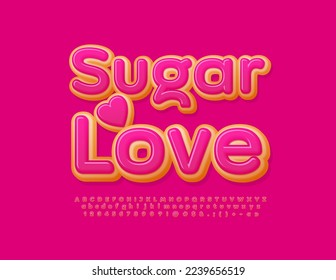 Tarjeta vectorial dulce Sugar Love. Fuente creativa rosa. Letras y números sabrosos de los alfabetos de Donut