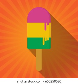 Vector sweet colors ice cream illustrations with long shadow on sun ray background.