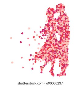 Vector sweet couple lover silhouette of a confetti splash, vector design, hand drawn. Valentines Day background congratulation card. Heart shape of a lot of small hearts on a white background.