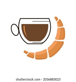 Vector Sweet Croissant Icon and Cup of Coffee Isolated on White Background.