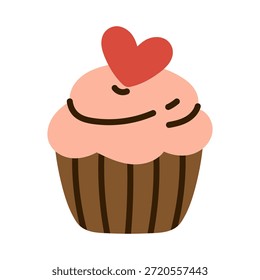 Vector postre dulce de cupcake con crema rosa y adorno de corazón rojo. Lindo Clipart romántico saludo de San Valentín y diseño de celebración de vacaciones. Elemento de San Valentín.