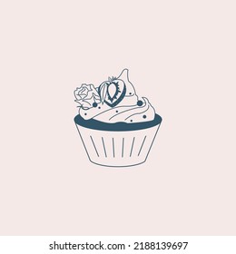 Vector sweet cupcake dessert with strawberry and rose decoration in flat design style for birthday, shops, confectionery, wedding and other business
