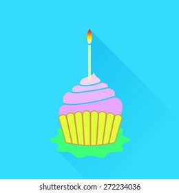 Vector Sweet Cupcake Icon Isolated on Blue Background.