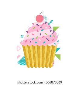 Vector sweet cupcake illustration with cherry on top. Made in 80s memphis style. Can be used as greeting card, print or poster, advertising banner.