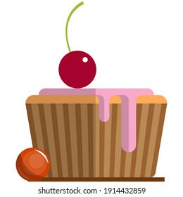 Vector sweet cupcake or muffin with fruit cherry berry. Creamy dessert in crispy sugary cookie cup isolated on white background. Icing confectionery