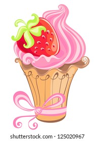Vector sweet cupcake with strawberry isolated on a white