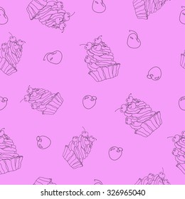 Vector sweet cupcakes pattern, purple silhouette isolated.