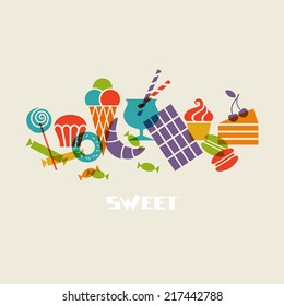 Vector sweet dessert icons. Food sign. Set of confectionery from sweet-shop, pastry-shop. Cute illustration for print, web