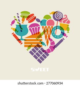 Vector sweet dessert icons. Food heart sign. Set of confectionery from sweet-shop, pastry-shop. Original design element. Cute illustration for print, web