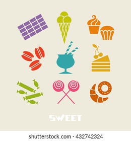 Vector sweet dessert icons. Food simple sign for menu and market. Set of confectionery from sweet-shop, pastry-shop. Cute color illustration for print, web