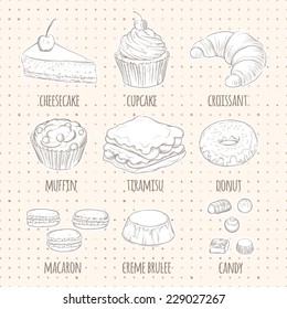 Vector sweet dessert icons in sketch style. Food sign. Set of confectionery. Includes cheesecake, cupcake, croissant, muffin, tiramisu, donut, macaron, creme brulee, chocolates candy.