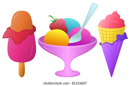 Vector, sweet dessert, various ice cream, isolated on white