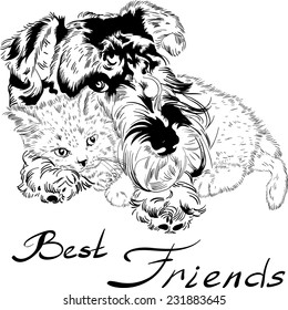 Vector Sweet dog with cute kitten hand drawing vector