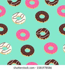Vector sweet donuts with pink glaze, chocolate and vanilla seamless pattern in pop style