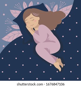 Vector sweet dreams background. Sleeping girl in pajama on a bad.