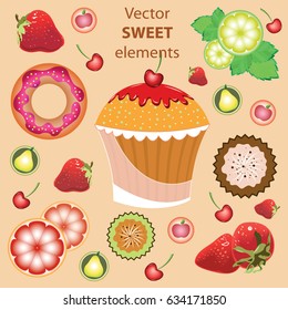 Vector sweet elements with red berries and lemon on cream background