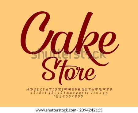 Vector sweet Emblem Cake Store with elegant cursive Font. Brown set of Alphabet Letters and Numbers