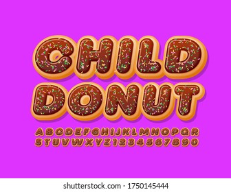 Vector sweet emblem Child Donut with Tasty Font. Choco Alphabet Letters and Numbers with Sprinkles