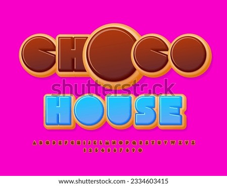 Vector sweet emblem Choc House with delicious Alphabet Letters and Numbers set. Tasty creative Font