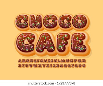 Vector sweet Emblem Choco Cafe. Chocolate Glazed Font for Kids. Donut Alphabet Letters and Numbers