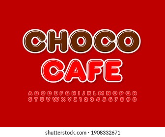 Emblema vectorial Choco Cafe. Fuente moderna y brillante. Conjunto de letras y números de alfabeto rojo