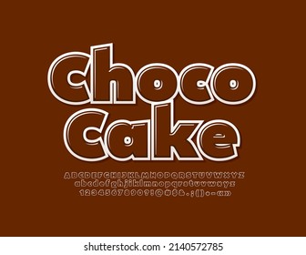 Vektor süßes Emblem Choco Cake. Braune Alphabet-Buchstaben, Zahlen und Symbole. Glossy-Moderne Schriftart