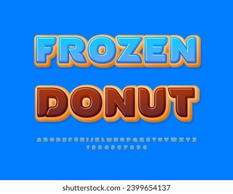 Vector sweet emblem Frozen Donut. Blue glazed Font. Sweet cake set of Alphabet Letters and Numbers