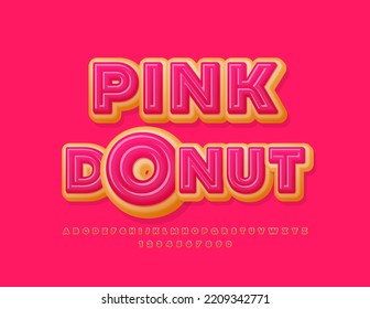 Vector sweet emblem Pink Donut. Tasty glazed Font. Creative cake Alphabet Letters and Numbers set