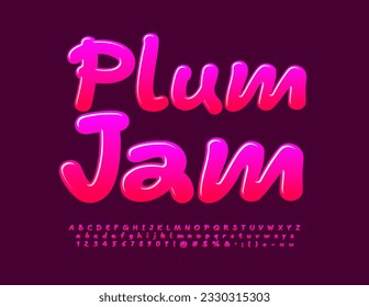 Emblema vectorial, Plum Jam. Letra brillante manuscrita. Letras, números y símbolos de alfabeto de gradiente rosa