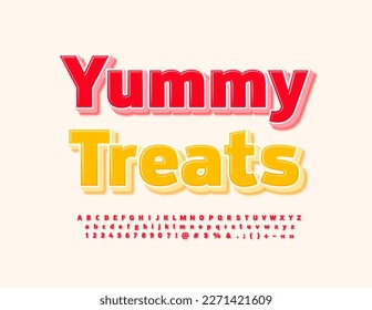 Vector sweet emblem Yummy Treats. Red Alphabet Letters, Numbers and Symbols. Bright playful Font