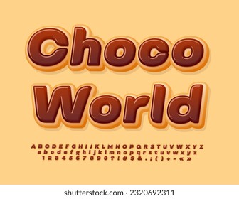 Vector sweet flyer Choco World.  Stylish Donut Font. Modern Alphabet Letters and Numbers