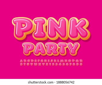 Vector sweet flyer Pink Party. Tasty glazed Font. Delicious Donut Alphabet Letters and Numbers set