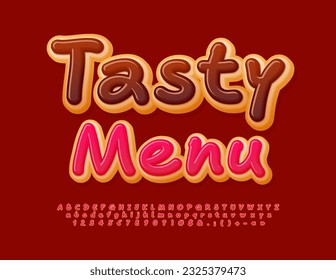 Vector sweet Flyer Tasty Menu. Creative playful Font. Delicious set of Alphabet Letters and Numbers