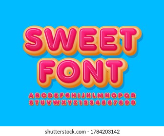 Vector Sweet Font. Pink Glazed Letters and Numbers. Dessert Donut Alphabet 