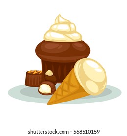 Vector sweet food illustration. Symbols of delicious dessert: cupcake, ice cream in cone and chocolate candy. Design graphic element, isolated on white background.