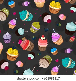 Vector sweet food pattern. Cupcake delicious dessert, Sweet decorated cakes with muffin. Cartoon wallpaper texture