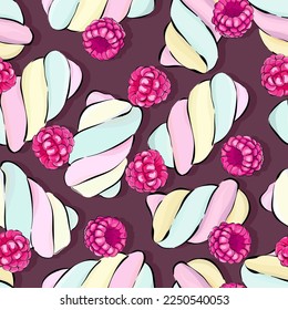 Vector sweet food pattern. Marshmallow, raspberry. Delicious sweet background for cafe. Seamless background for printing on fabric, paper, textile