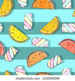 Vector sweet food pattern. Marshmallow, marmalade. Delicious sweet background for cafe. Seamless background for printing on fabric, paper, textile