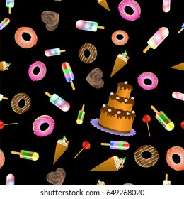 Vector Sweet Food Seamless Pattern on Black Background