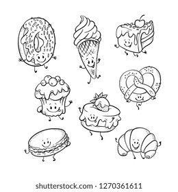 Vector sweet funny humanized character with legs, arms and facial expressions set. Delicious monochrome doughnut, macaroni pancake croissant pretzel dessert smiling for restaurants, cafe menu