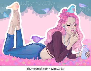 vector sweet girl with pink hair listening to music through the player and headphones, lying on a meadow