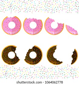 Vector Sweet Glaze Pink and Brown Donuts Isolated on Sparkles Background. Fast Food Icon Flat Design. Top View.