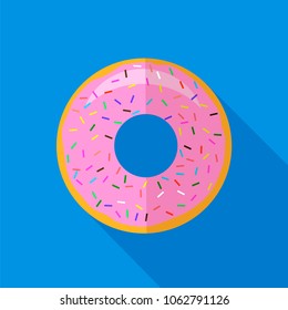 Vector Sweet Glaze Pink Donut Isolated on Blue Background. Fast Food Icon Flat Design. Top View.