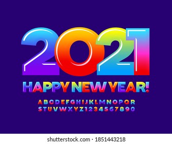 Vector sweet greeting card Happy New Year 2021! Gradient Color Font. Bright candy style Alphabet Letters and Numbers set